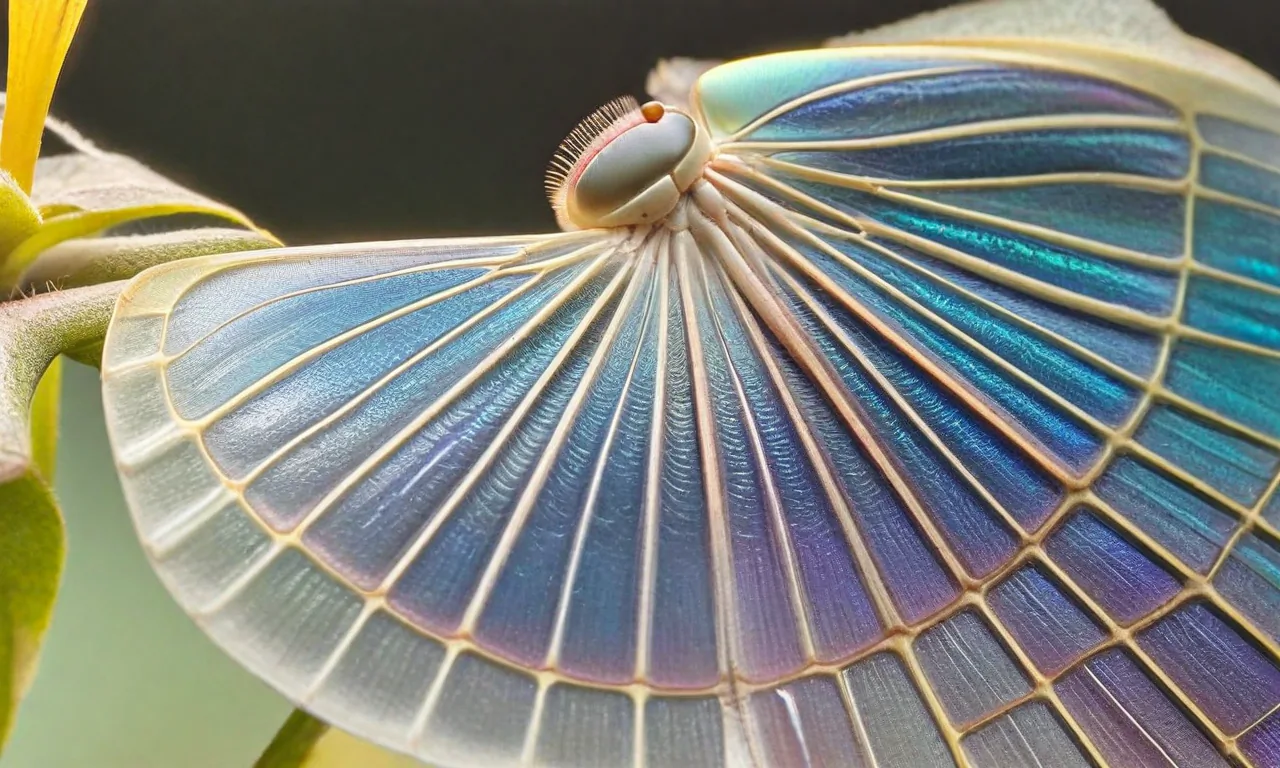KI-generiertes Bild: Blattähnliche Struktur in hellen Blau- und Lilatönen, deren Rippen sich oben in einem insektenartigen Kopf bündeln.