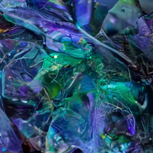 The AI-generated image depicts an abstract visual world featuring elements reminiscent of organic matter such as leaves, stems and insects. The colour scheme is dominated by blue and green.