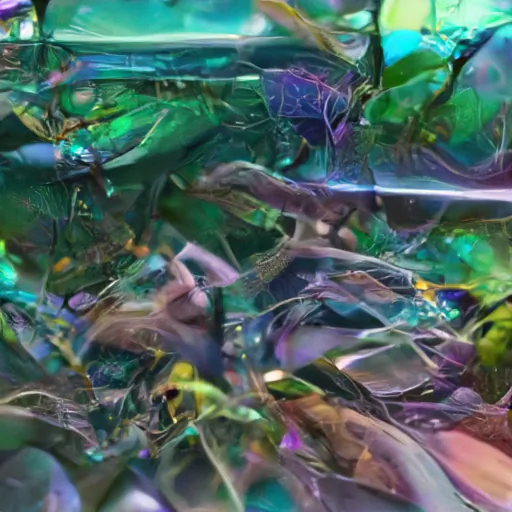 Das KI-generierte Bild zeigt eine abstrakte Bildwelt mit Elementen, die an organisches Material wie Blätter, Stiele und Insekten erinnern. Farblich dominieren Grün und Pink.