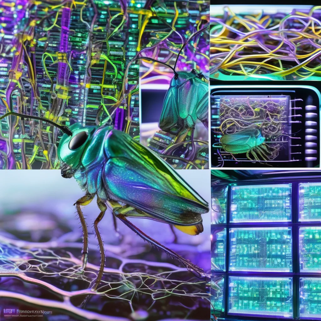 KI-generiertes Bild: Der Hintergrund ist in fünf eckige Bereiche unterteilt, die abstrahierte Darstellungen von Serverstrukturen und Platinen zeigen. Mittig im Vordergrund ist ein insektenartiges Wesen zu sehen.