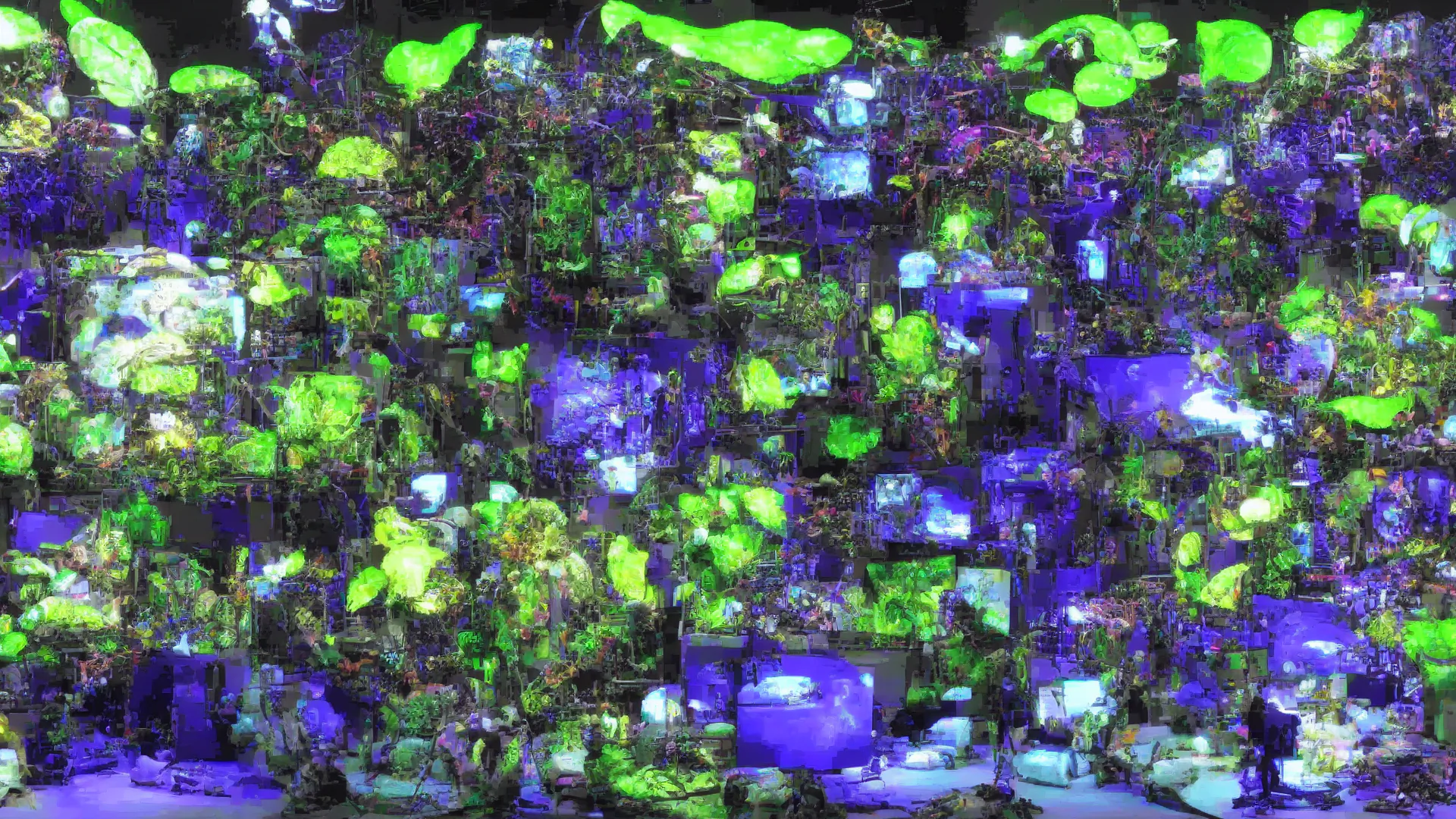 KI-generiertes Bild: Kleinteilige, abstrakte Bildelemente. Grüne und blaue Farben dominieren.