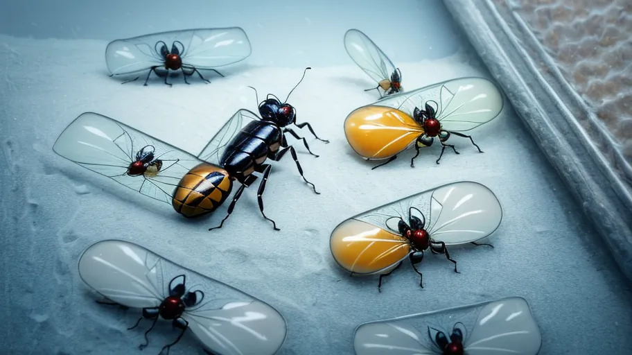 KI-generiertes Bild: Auf einem metallisch wirkenden Untergrund befinden sich sieben insektenartige Wesen, deren Flügel verfremdet sind.