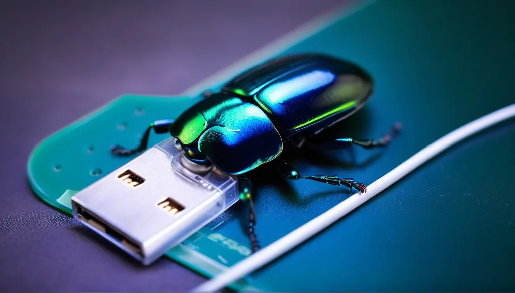 AI-generated image: a beetle with a USB port as its mouthparts.