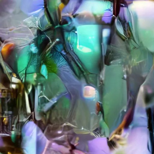 The AI-generated image depicts an abstract visual world featuring elements reminiscent of organic matter such as leaves, stems and insects. The colour scheme is dominated by turqouise and lilac.