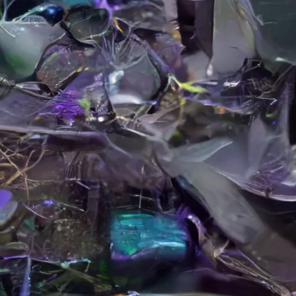 Das KI-generierte Bild zeigt eine abstrakte Bildwelt mit Elementen, die an organisches Material wie Blätter, Stiele und Insekten erinnern. Farblich dominieren Grau und Blau.