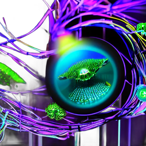 AI-generated image: In the centre is a circle with an insect-like green head. It is surrounded by purple cables and wires.