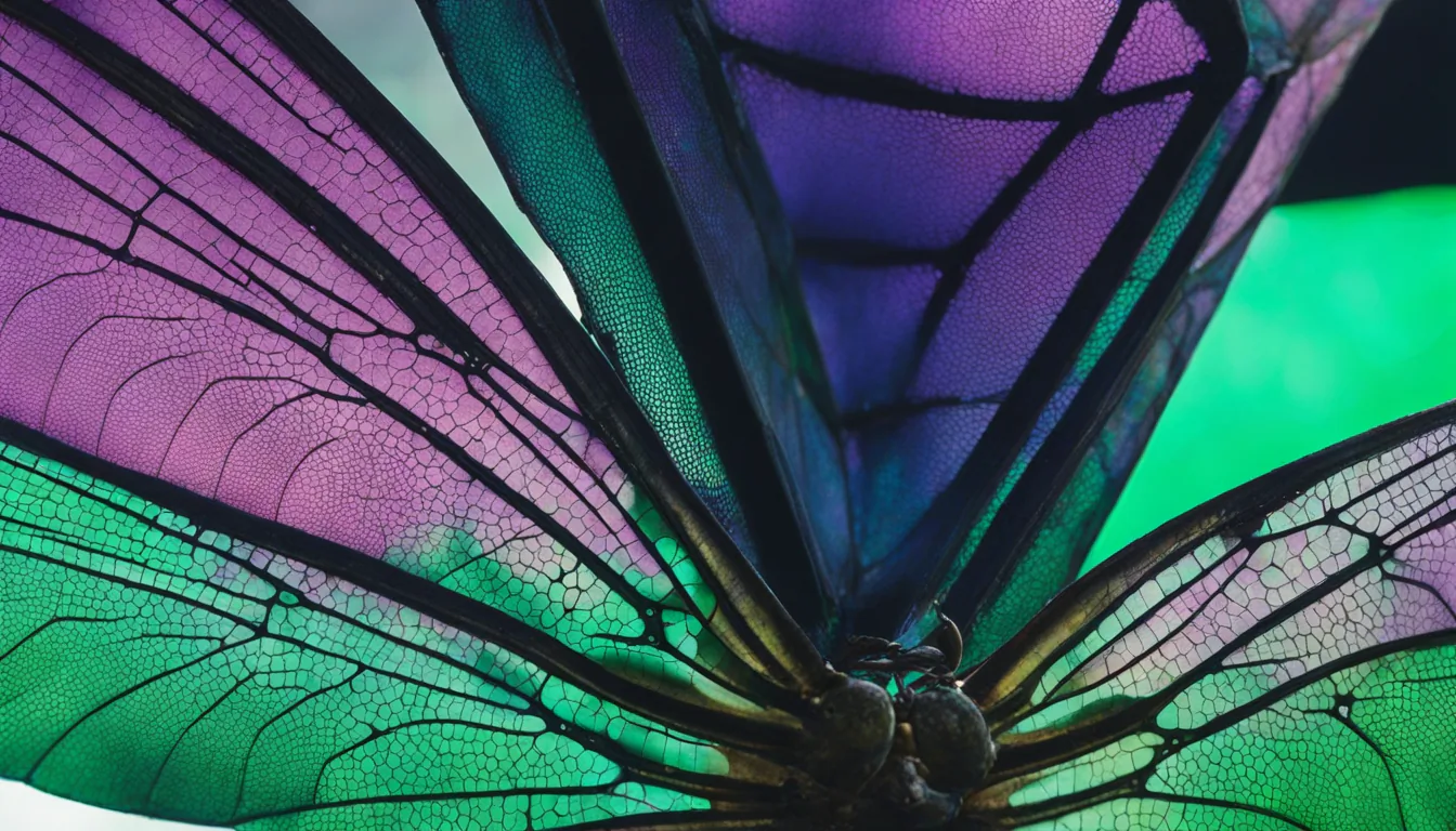 AI-generated image: a close-up of three insect wings joined together in shades of purple, blue and green.