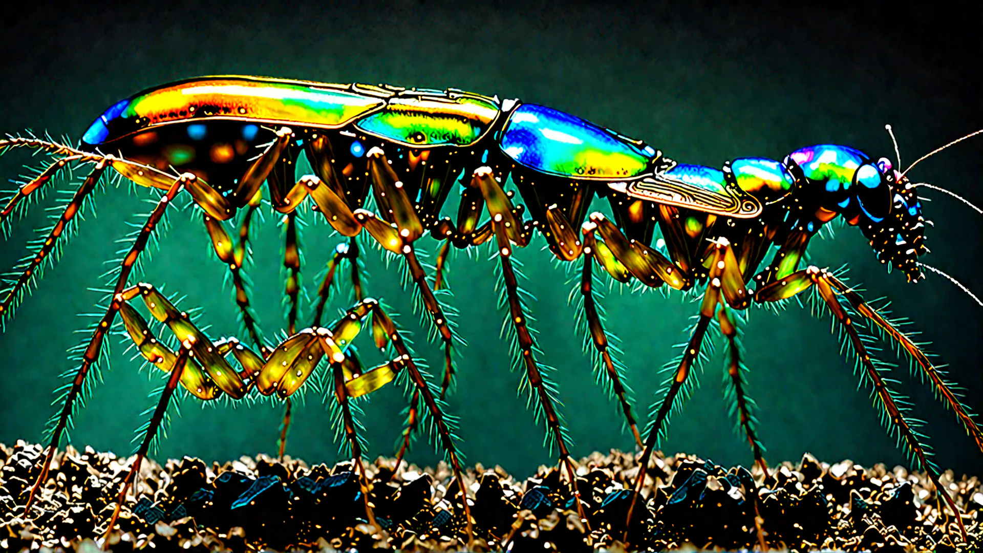 KI-generiertes Bild: Auf einem Erdboden befindet sich ein größeres, langgestrecktes, käferartiges Wesen mit mehr als ein Dutzend behaarter Beine. Davor befindet sich ein spinnenartiges, kleineres Wesen.