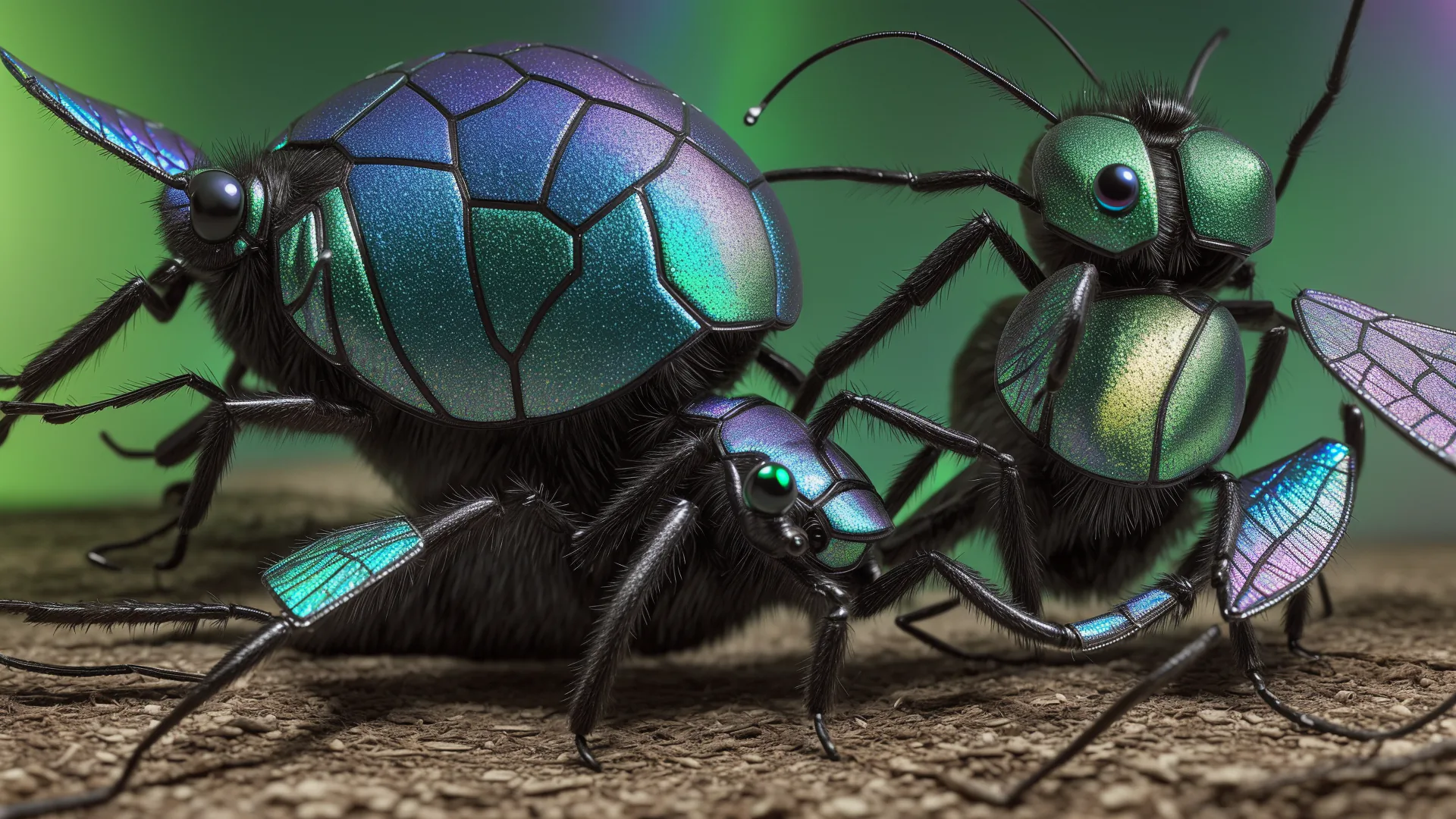 KI-generiertes Bild: Drei insektenartige Wesen auf einem Waldboden.
