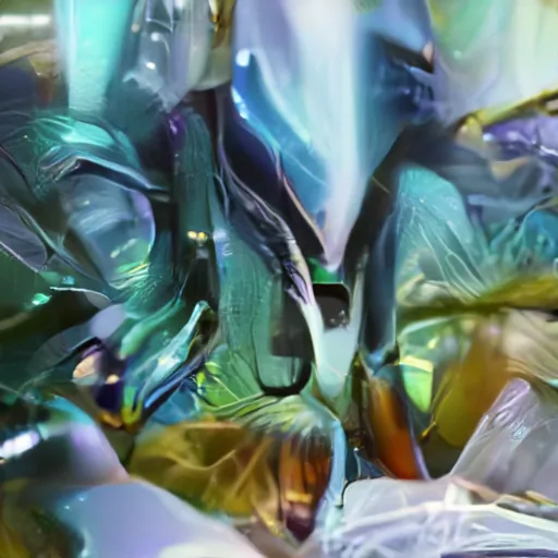 The AI-generated image depicts an abstract visual world featuring elements reminiscent of organic matter such as leaves, stems and insects. The colour scheme is dominated by blue and yellow.