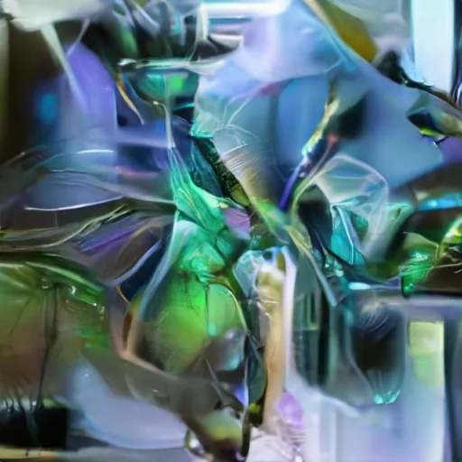 Das KI-generierte Bild zeigt eine abstrakte Bildwelt mit Elementen, die an organisches Material wie Blätter, Stiele und Insekten erinnern. Farblich dominieren Blau und Grün.