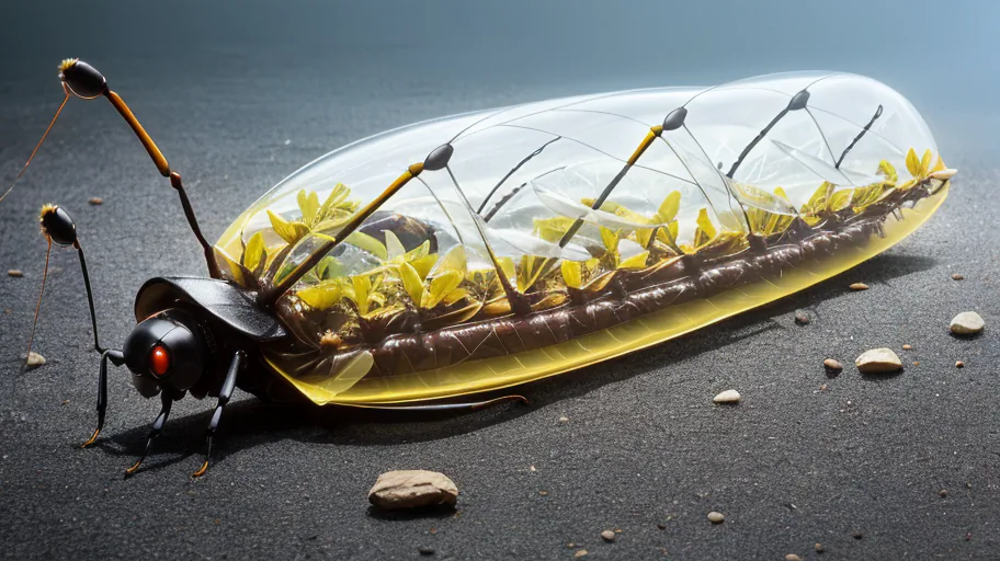 AI-generated image: An elongated, insect-like creature on a dark background dotted with stones. Its abdomen is encased in a transparent shell. Green plants are growing from inside its body.