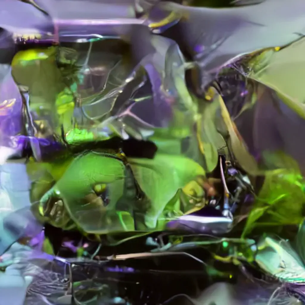 The AI-generated image depicts an abstract visual world featuring elements reminiscent of organic matter such as leaves, stems and insects. The colour scheme is dominated by green and lilac.