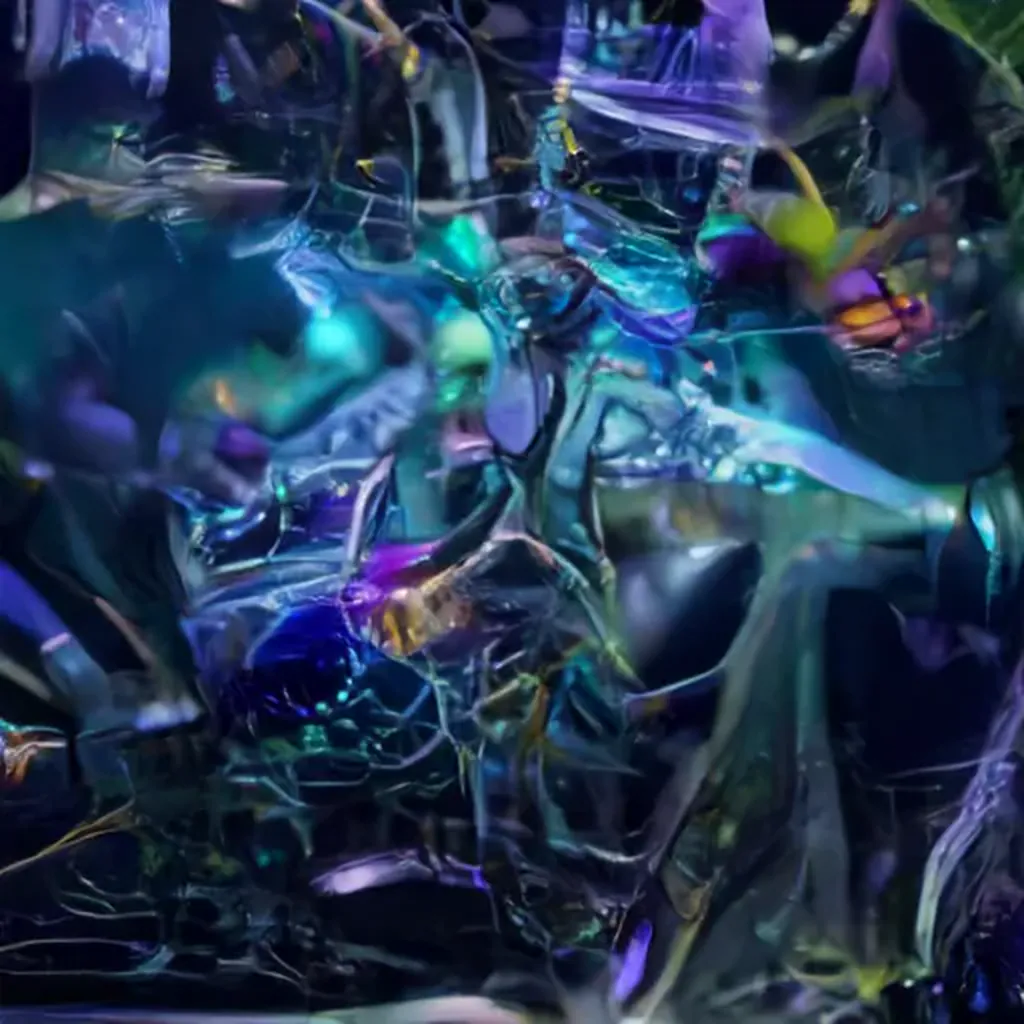 The AI-generated image depicts an abstract visual world featuring elements reminiscent of organic matter such as leaves, stems and insects. The colour scheme is dominated by blue and black.