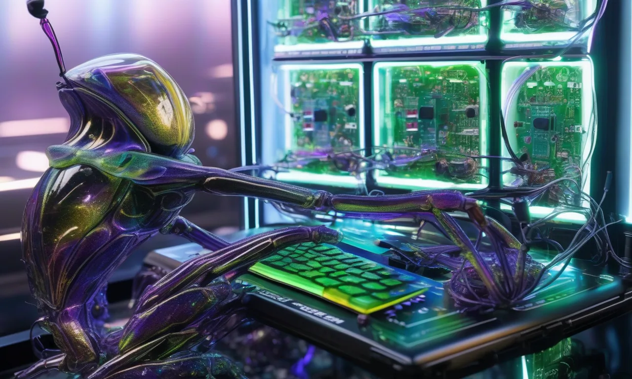 KI-generiertes Bild: Ein insekten- und roboterartiges Mischwesen sitzt an einer Tastatur. Vor ihm sind sechs Displays zu erkennen.