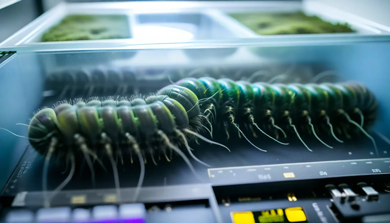 AI-generated image: A green, plump caterpillar in a flat box divided into several compartments. Computer components can be seen in the foreground.