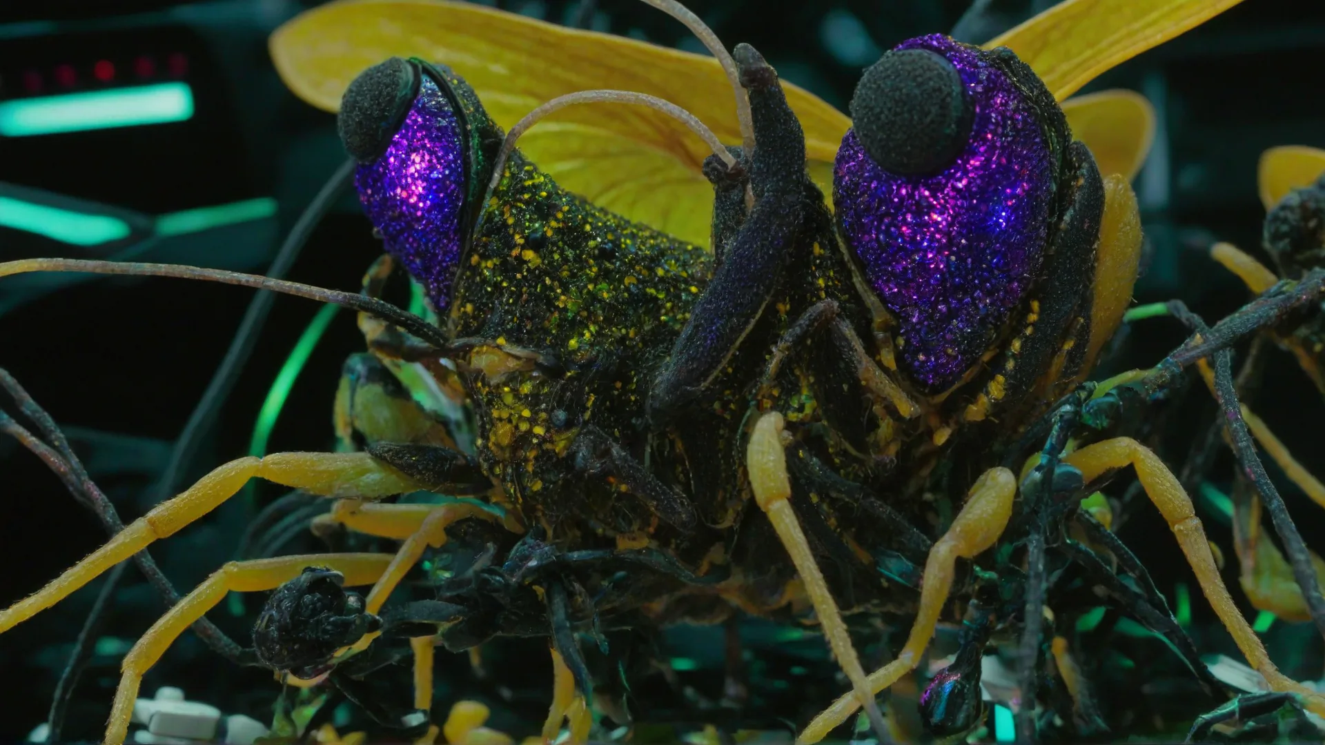 KI-generiertes Bild: Makroaufnahme von einem spinnenartigen Wesen mit gelben Flügeln und Beinen sowie lilafarbenen Augenbereichen.