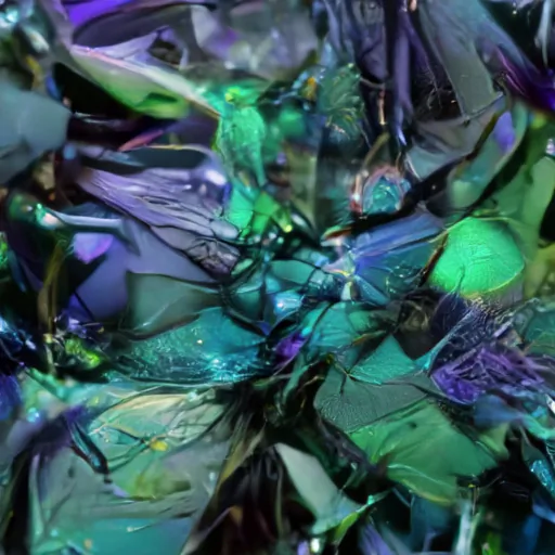 The AI-generated image depicts an abstract visual world featuring elements reminiscent of organic matter such as leaves, stems and insects. The colour scheme is dominated by green and blue.