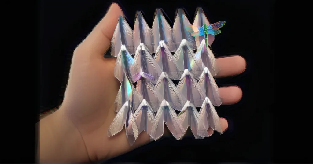 AI-generated image: An open hand holds a uniform structure consisting of 20 grey elements that resemble pairs of wings. A blue dragonfly is situated in the top left-hand corner of this structure.