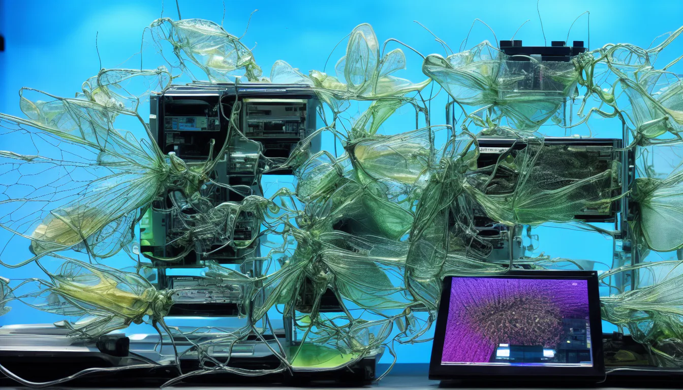 AI-generated image: A tablet with a purple background and computer components are placed side by side. They are swarmed by transparent, insect-like creatures reminiscent of hoverflies.
