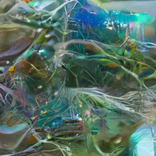 The AI-generated image depicts an abstract visual world featuring elements reminiscent of organic matter such as leaves, stems and insects. The colour scheme is dominated by green.