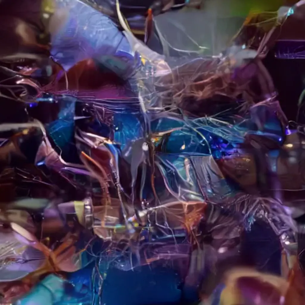 The AI-generated image depicts an abstract visual world featuring elements reminiscent of organic matter such as leaves, stems and insects. The colour scheme is dominated by lilac and brown.